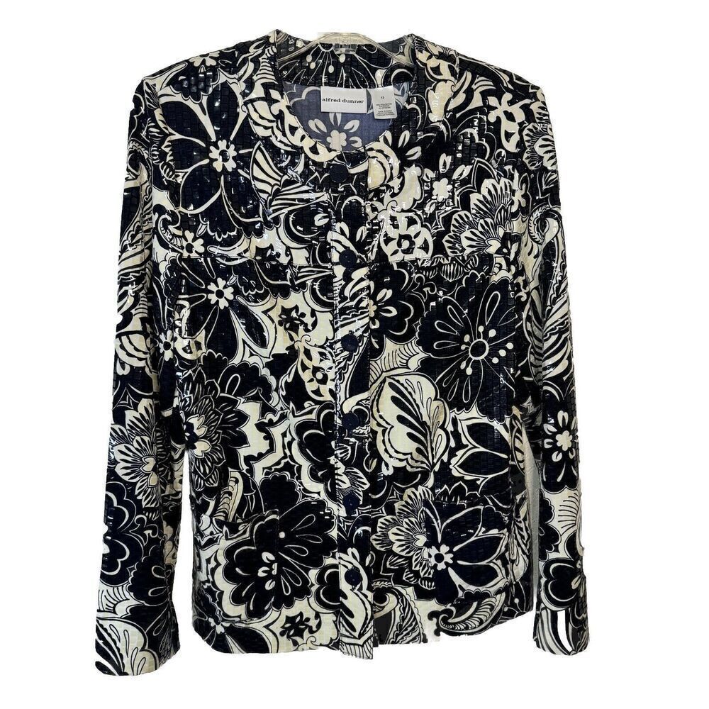 Alfred Dunner blazer navy white flower Women Sz 12 shiny formal long sleeve